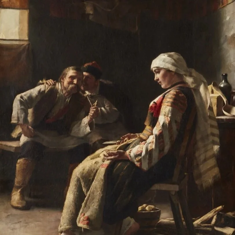Painting of a figure sitting in the foreground and two figures sitting in the back.