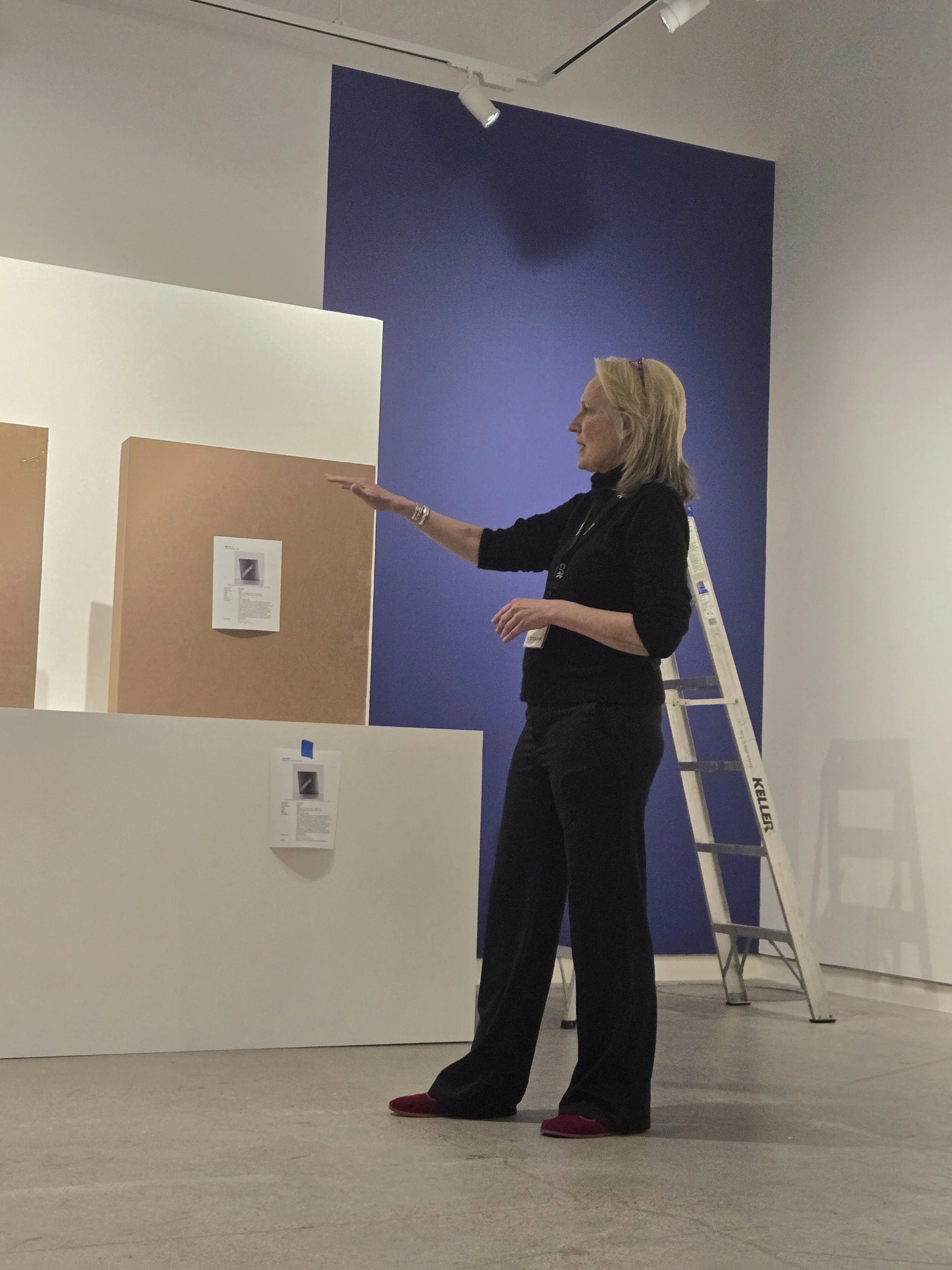 Curator Jill Ahlberg Yohe gestures to an artwork during an exhibition installation-in-progress.