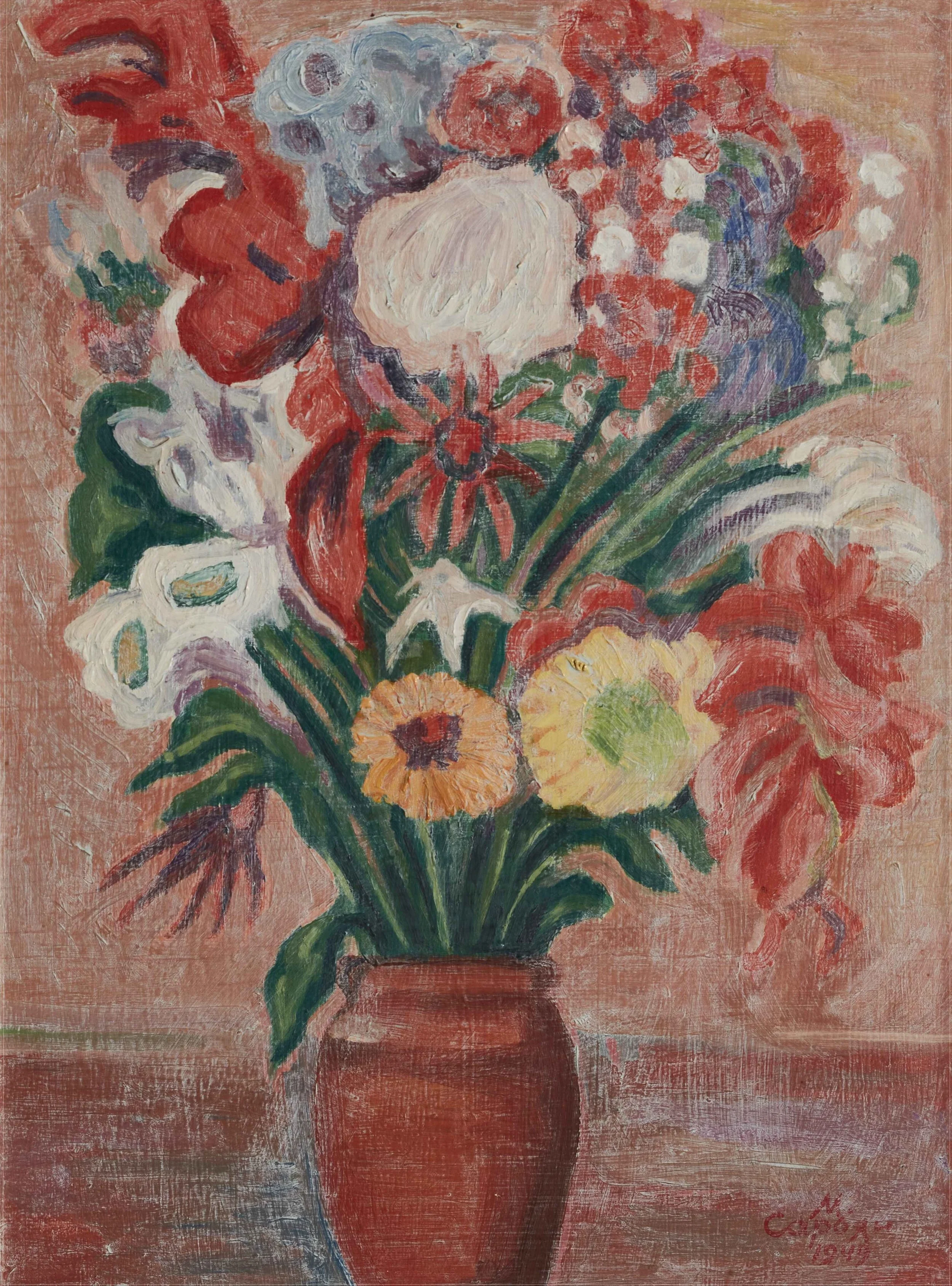 Martiros Sarian (Russian-Armenian, 1880-1972).  Still Life of Flowers in a Vase , 1949. Oil on board. 15 × 11 1/2 × 1/2 inches. Cafesjian Art Trust Museum, 2022.1482.1. © Martiros Sarian