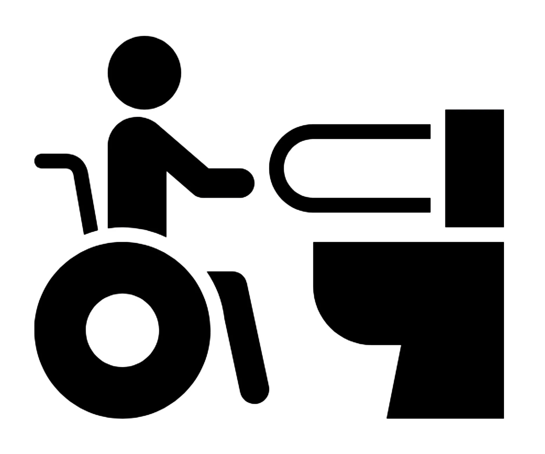Black wheelchair accessible sign with a person in a wheelchair and a handrail.