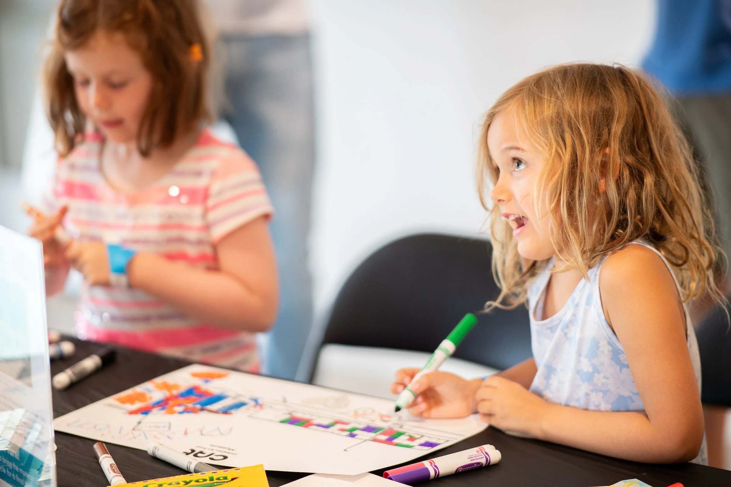 Girls coloring with markers.