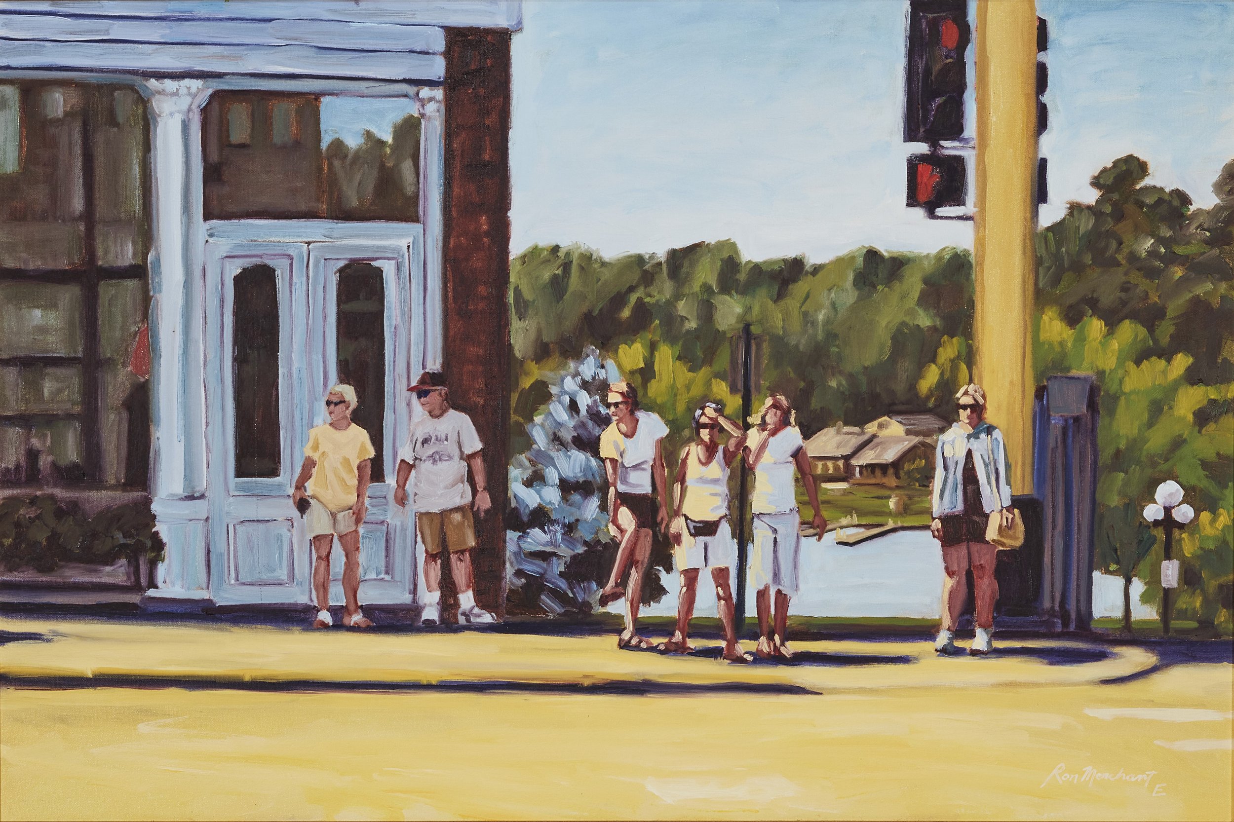 A painting of people waiting to cross the street on a sunny day.