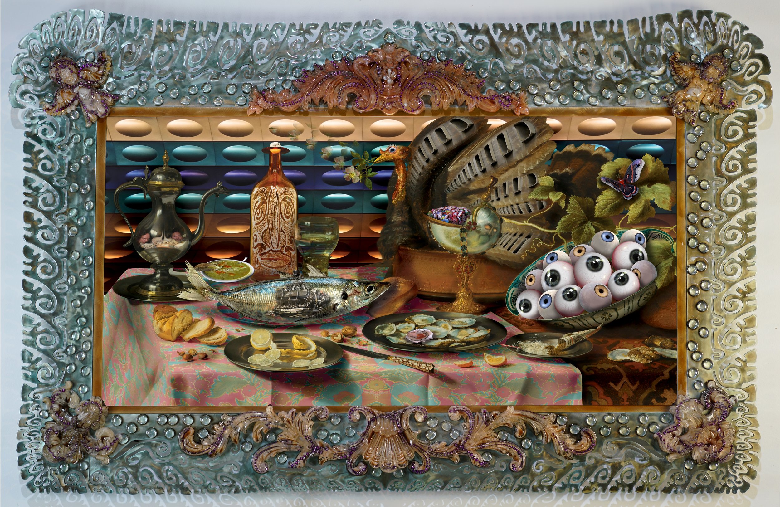 Einar de la Torre (American, born Mexico, 1963), and Jamex de la Torre (American, born Mexico, 1960).  Poissons des Masses , 2020. Archival lenticular print, cast resin, and waterjet-cut aluminum frame. 39 x 63 x 3.5 inches. Cafesjian Art Trust Museu