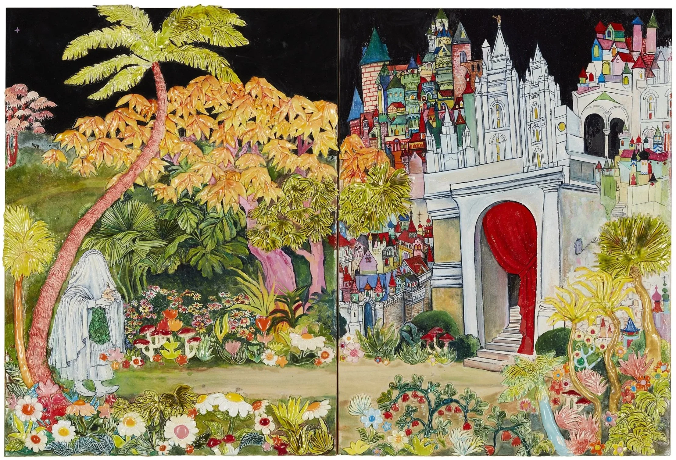 A colorful artwork of a castle with tall towers, surrounded by lush gardens, trees, and flowers, under a black sky.