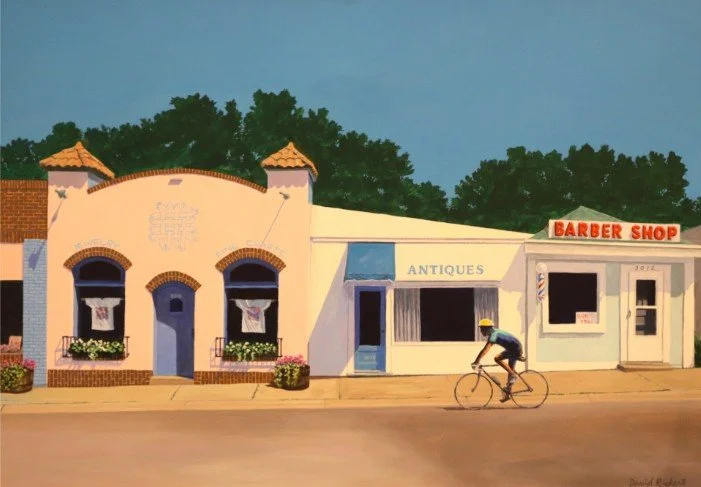 Painting of Minneapolis storefronts with a bicyclist riding past.