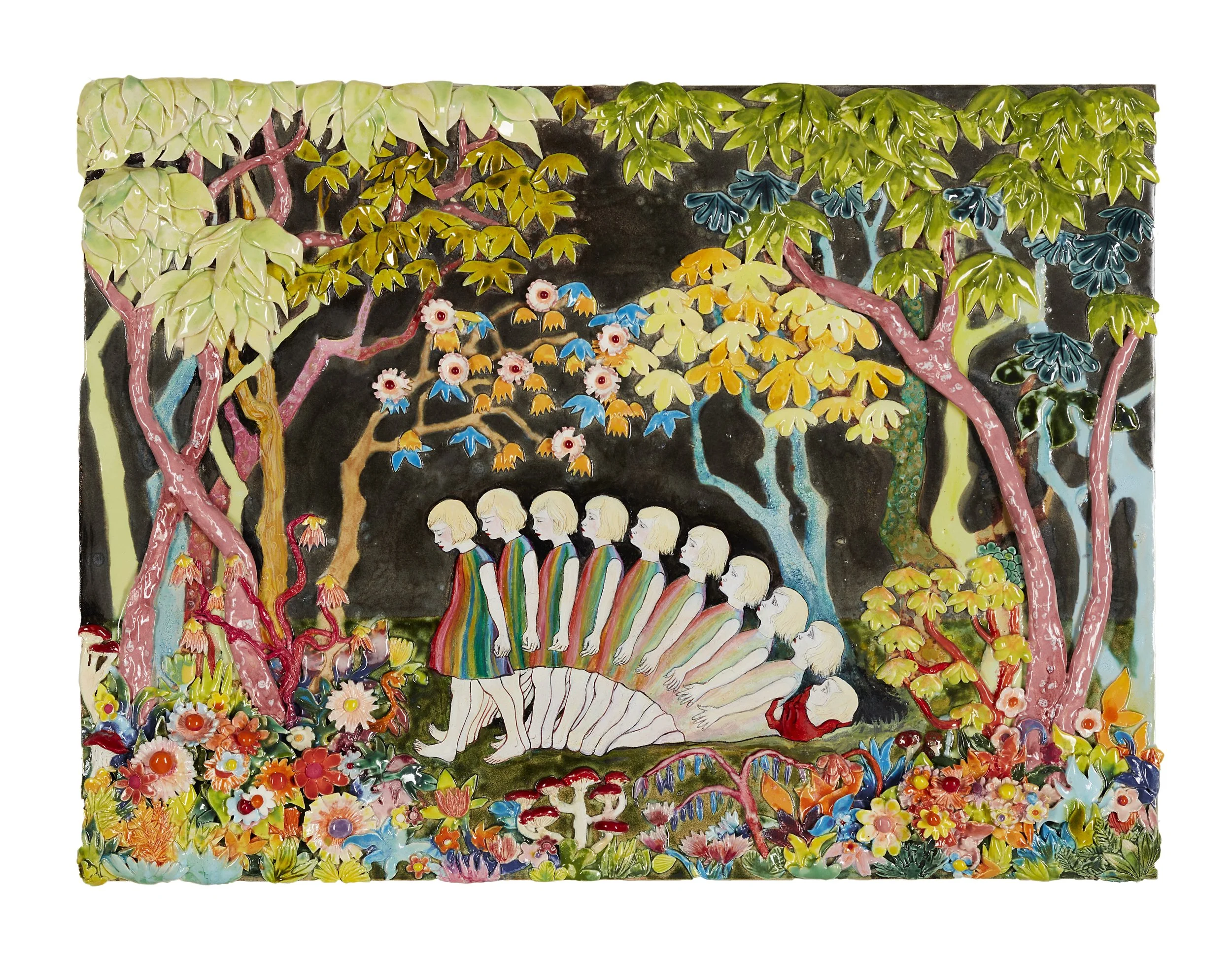 Colorful mosaic artwork depicting a stylized scene with trees, flowers, children in rainbow-colored clothing, and various vibrant elements set against a dark background.