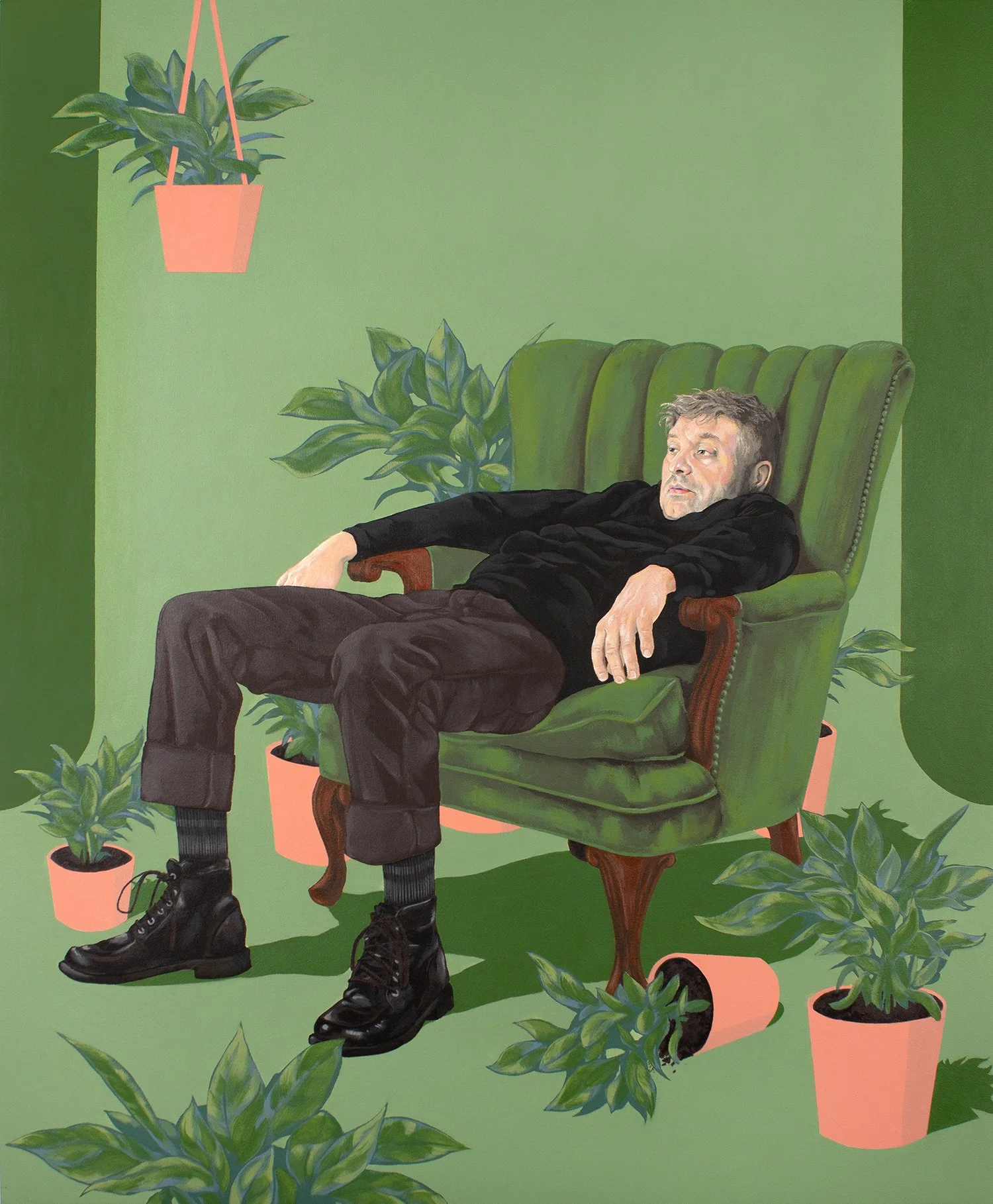 Russ White's painting "This is Fine," featuring a man slumped into a chair with a green background.