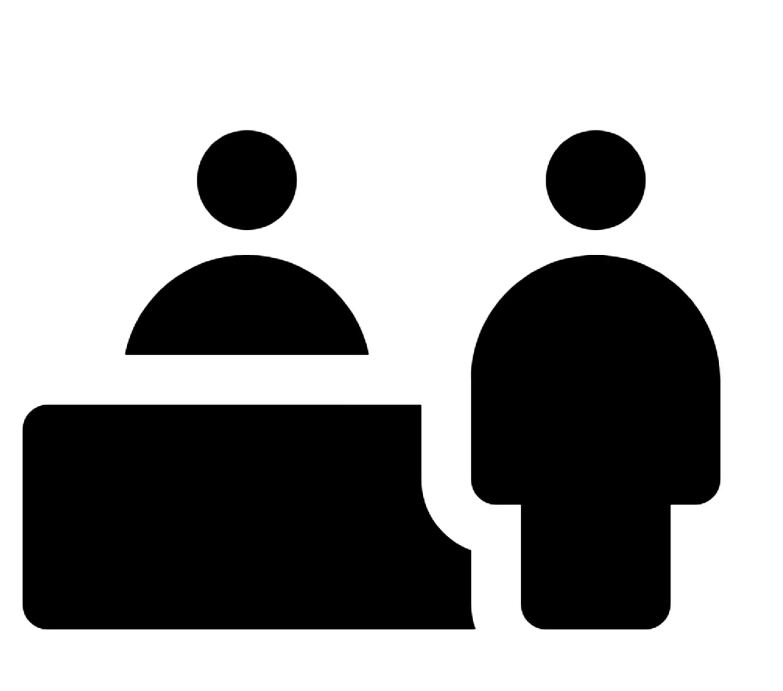 Silhouettes of two people, one smaller and one larger, with a table or counter in front of them, suggesting a person and a customer or a person and a professional.