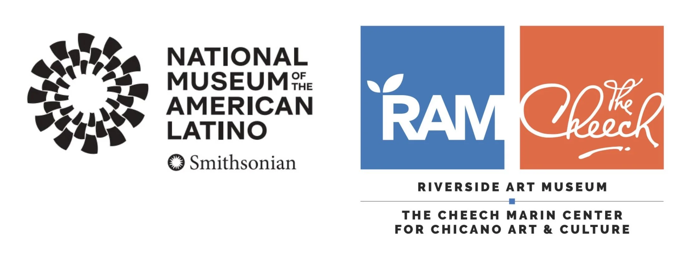 Logo for the National Museum of the American Latino at the Smithsonian, featuring a black circular pattern, with text 'NATIONAL MUSEUM OF THE AMERICAN LATINO' and a small Smithsonian logo. To the right are two squares, a blue one with white text 'RAM' and a leaf, and an orange one with white cursive text 'the Cheech.' Below is black text indicating the Riverside Art Museum and The Cheech Marin Center for Chicano Art & Culture.