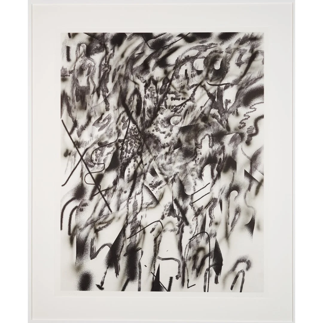 Abstract artwork of black smudges and lines.