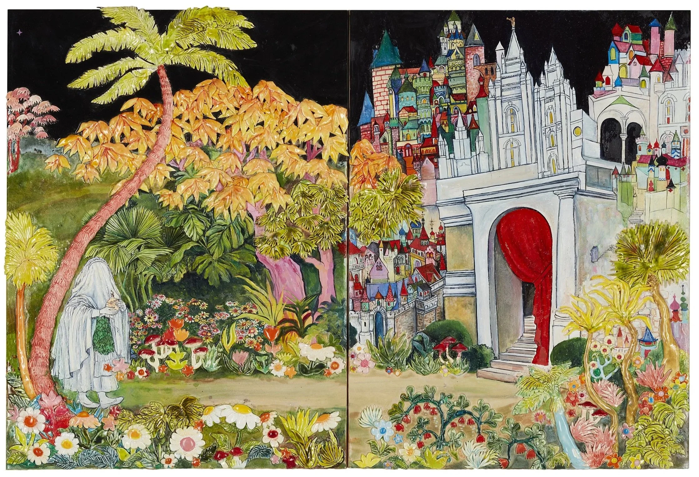 A colorful drawing of a fantasy castle with tall towers, surrounded by lush gardens, trees, and flowers, under a black sky.