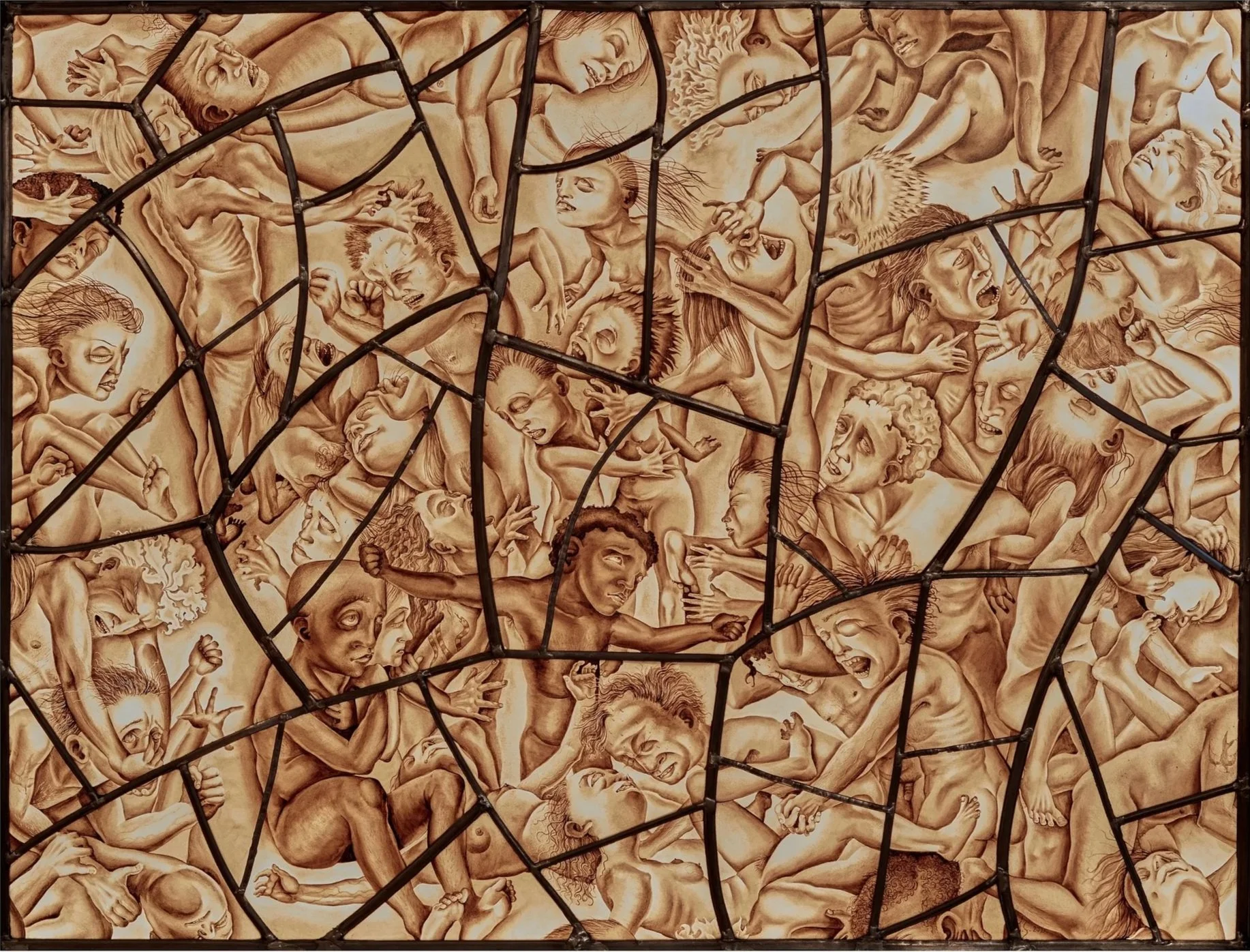  Judith Schaechter (American, born 1961) 
 Raft of the Medusa , 2021. Float glass, vitreous paint, lead came, and LED light box. 33 1/8 × 42 3/16 × 2 5/8 inches. Cafesjian Art Trust Museum, 2022.1163.1; Gift of Robert Mersky. © Judith Schaechter 