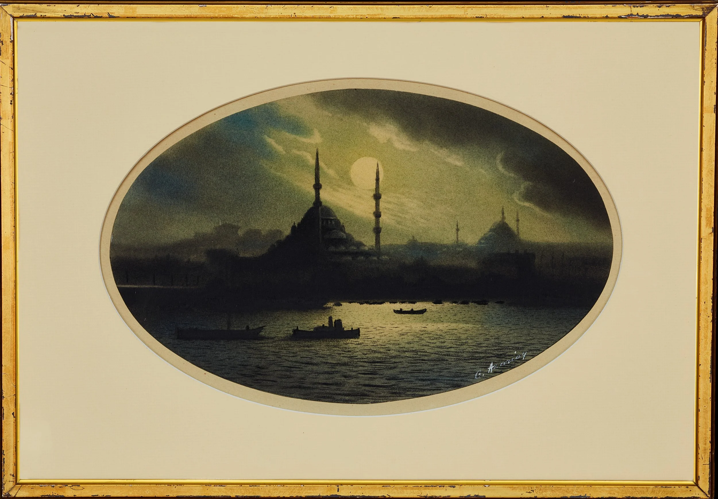 Onnik der Azarian (Armenian, 1883—1935).  Moonlight Over Istanbul , about 1900—1935. Watercolor paint and pastel on paper. 8 1/4 × 13 1/4 inches. Cafesjian Art Trust, 2022.0672.1. © Onnik der Azarian 