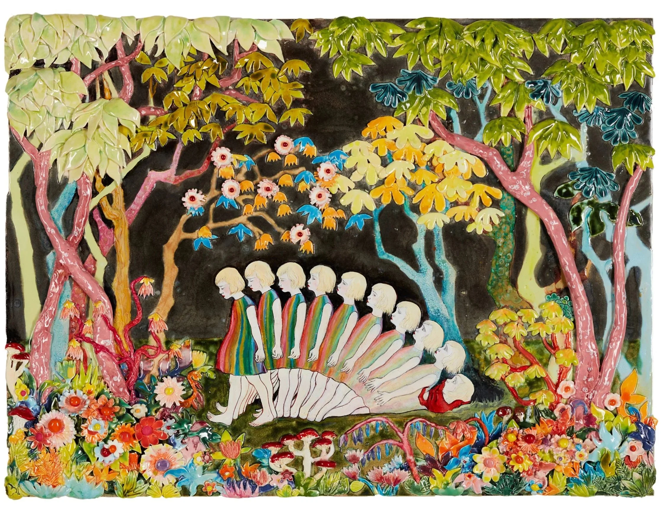Detail of artwork by Amanda Michelle Smith with a figure cascading backward inside a colorful forest.