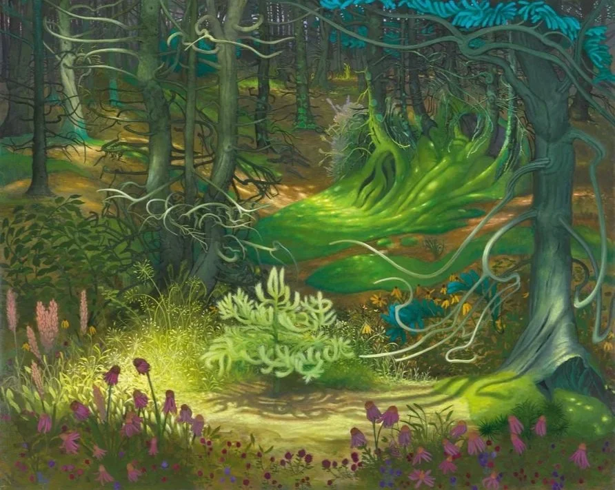 A vibrant forest scene painted with lush green trees, colorful flowers, and glowing elements. A mystical atmosphere with intertwining vines and illuminated plants creates a magical wilderness setting.
