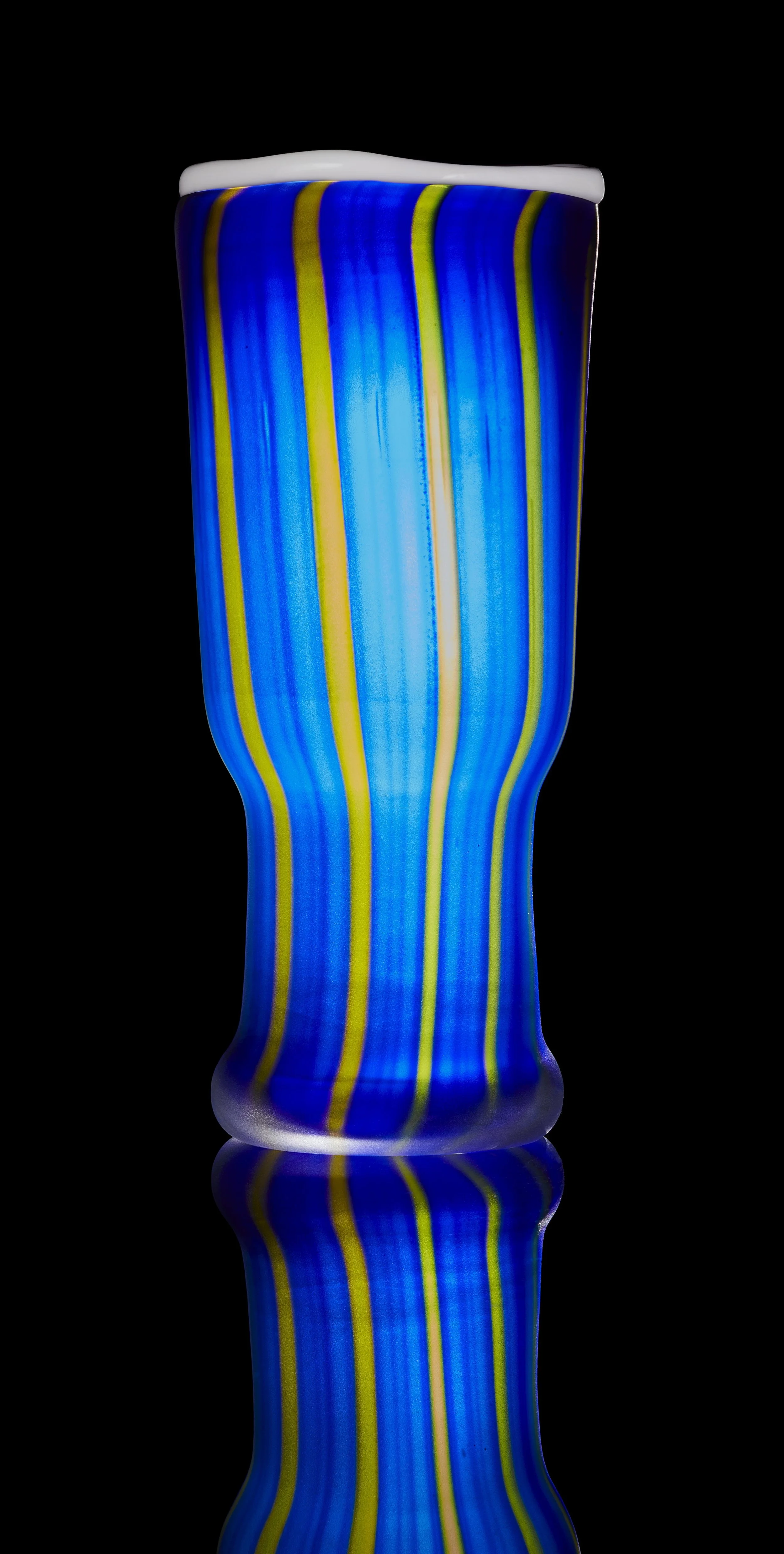 Kyohei Fujita (Japanese, 1921–2004).  Yoru no Adoria kai (Adriatic Sea at Night) vase with custom wooden box. Canna series.  Made in Venice, Italy, sometime between 1977–2000. Blown glass with applied cane decoration and gold foil; acid etched. 14 × 