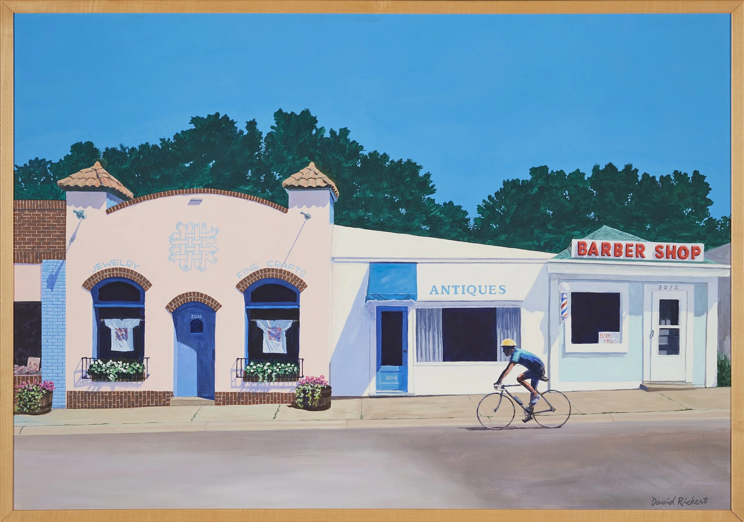 David Rickert (American, born 1939).  Minneapolis Sunday Morning , 1991. Acrylic paint on canvas. 27 1/2 × 39 3/4 inches. Cafesjian Art Trust Museum, 2022.0436.1. 