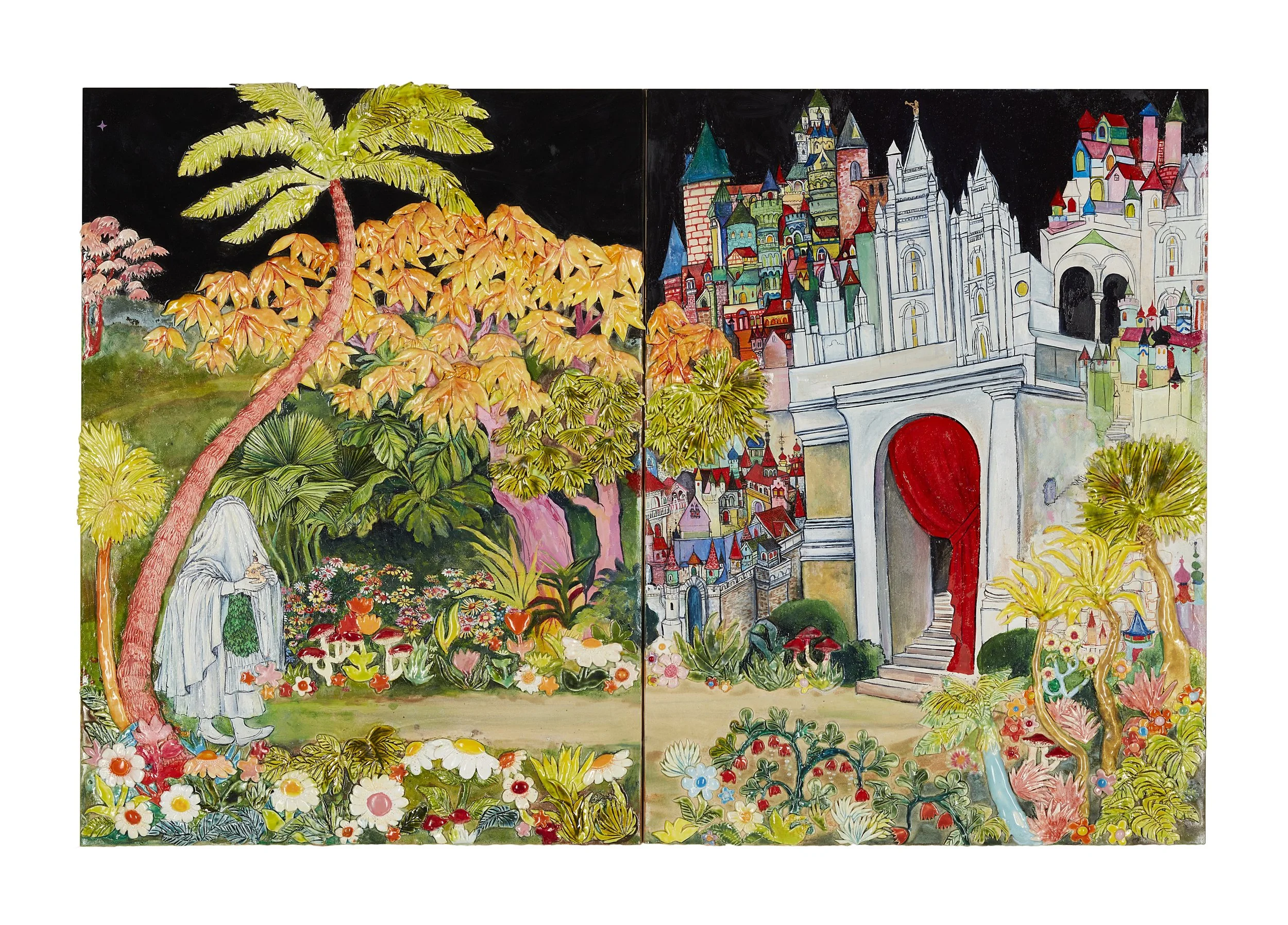 A colorful drawing of a fantasy castle with tall towers, surrounded by lush gardens, trees, and flowers, under a black sky.