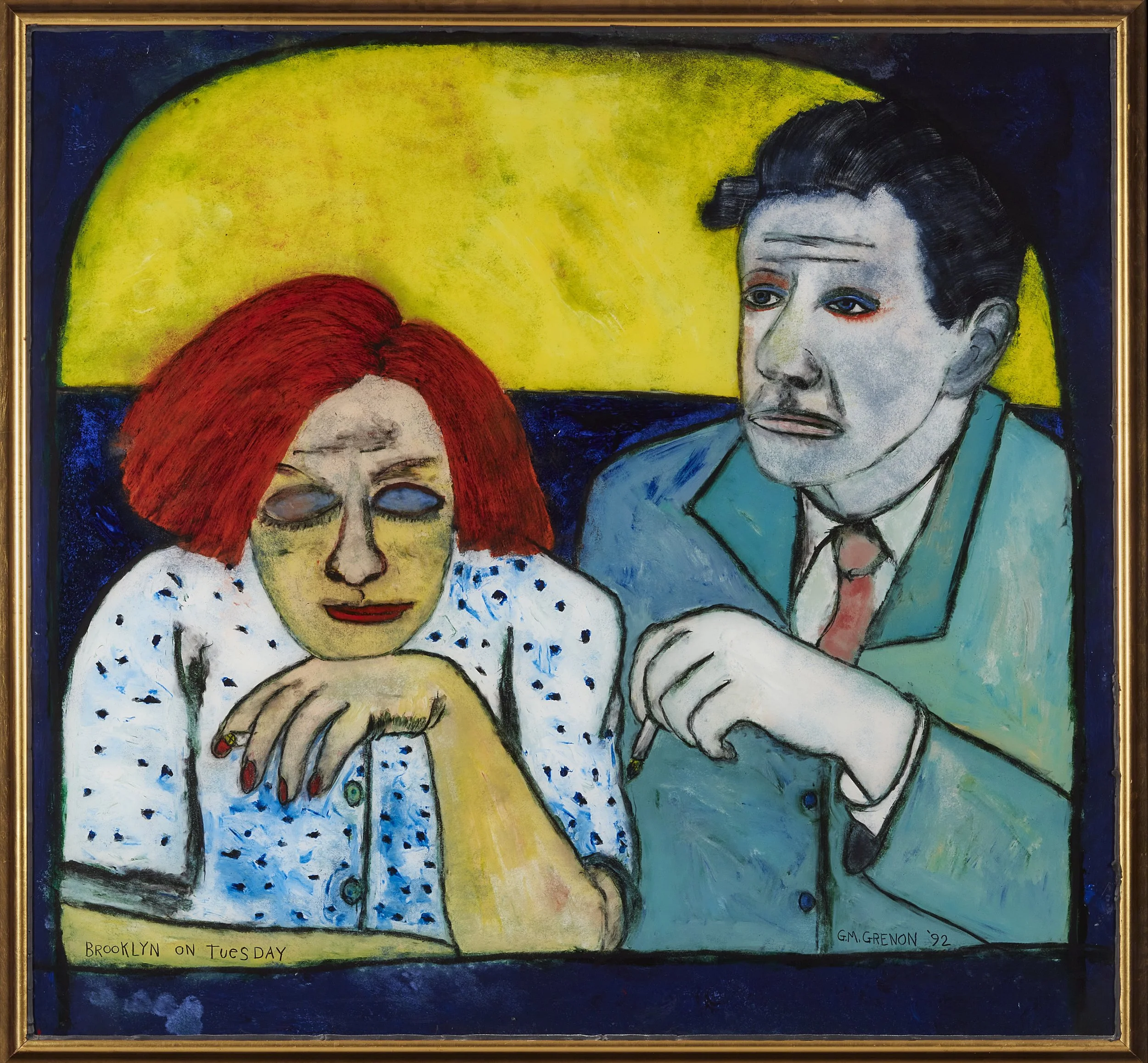 Gregory Grenon (American, 1948—2022).  Brooklyn on Tuesday , 1992. Oil paint on plexiglass, wood, glazing putty, gold foil. 57 × 61 × 3 1/2 inches. Cafesjian Art Trust, 2022.0762.1. 