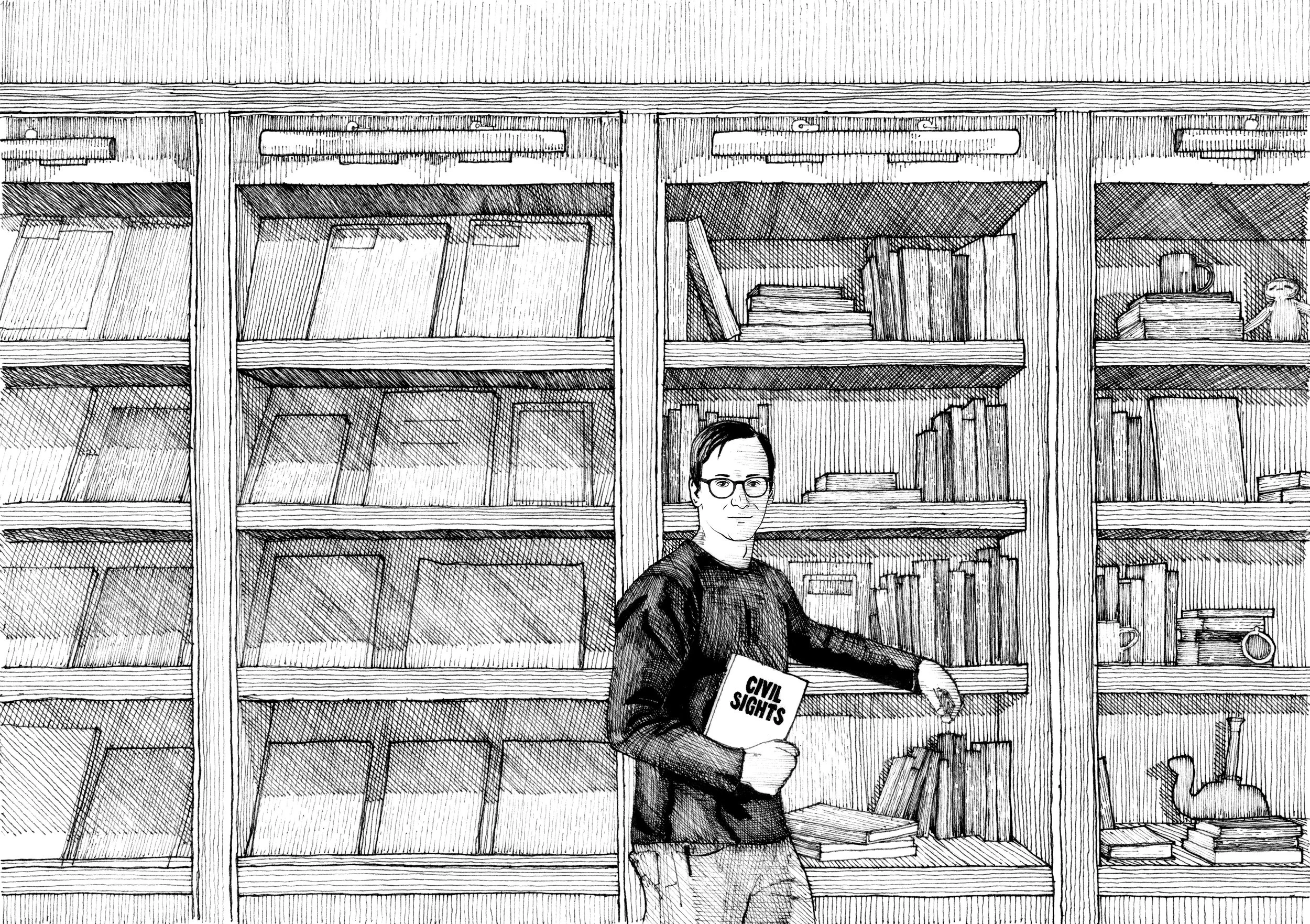 A person standing in front of bookshelves filled with books, holding a sign that says 'Civil Sights'.