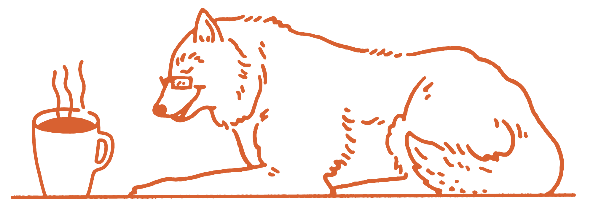 Line drawing of a whimsical wolf resting on its side with a steaming cup of coffee or tea nearby.