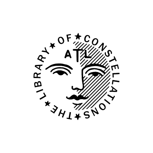 Line art logo of Atlanta Library of Oconestellation, featuring a stylized face with closed eyes, with the text encircling the face.