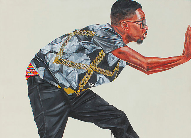Painting of a man in sunglasses with a beard, wearing a gray shirt with gold chains, and black pants. He's in a crouched stance with his arm extended forward.