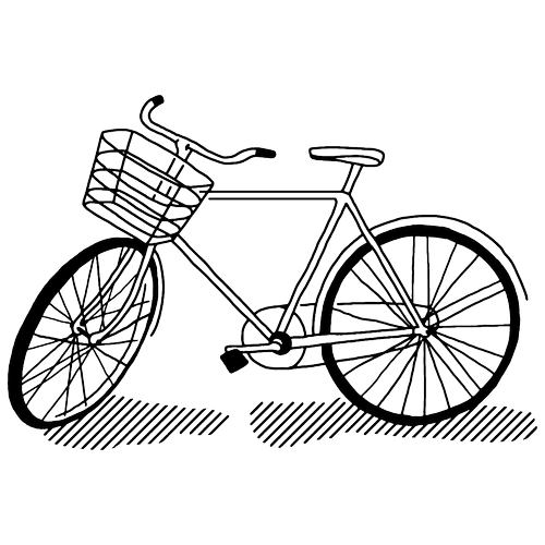 Line drawing of a bicycle with a basket in the front and shadow on the ground.