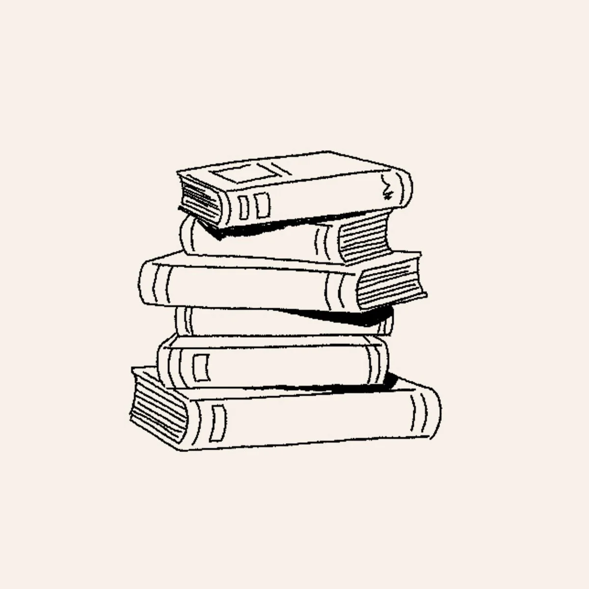 Stack of five books drawn in black and white on a plain background.