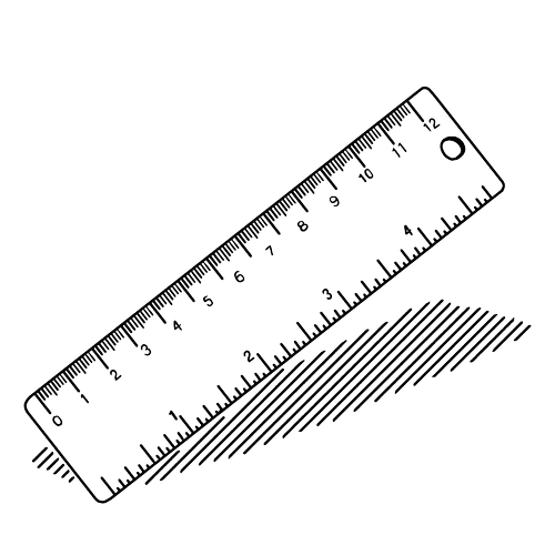 A transparent plastic ruler with black measurement markings and numbers, placed at an angle with a stack of black paper underneath.