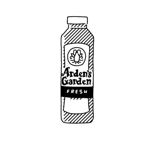 Line drawing of a bottle labeled 'Aarden's Garden' with a leaf logo, indicating it is a fresh product.