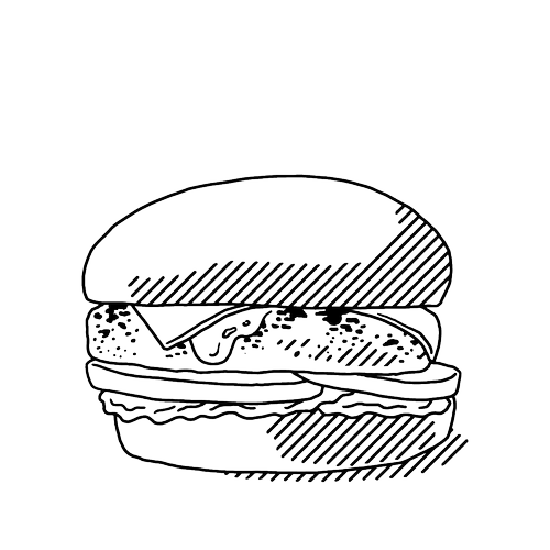 Line drawing of a submarine sandwich with lettuce, tomato, and deli meats on a bun.