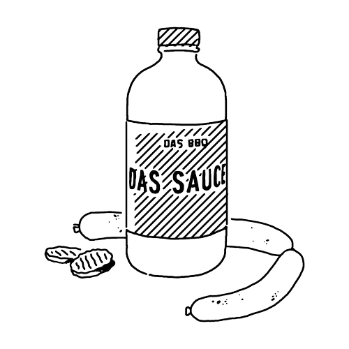 Drawing of a bottle labeled 'BBQ Sauce' with a barbecue grill fork and a sausage nearby.