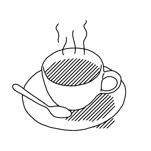 Line drawing of a steaming cup of coffee on a saucer with a spoon resting on the side.