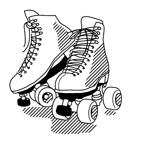 Line drawing of a pair of roller skates with laces and wheels.