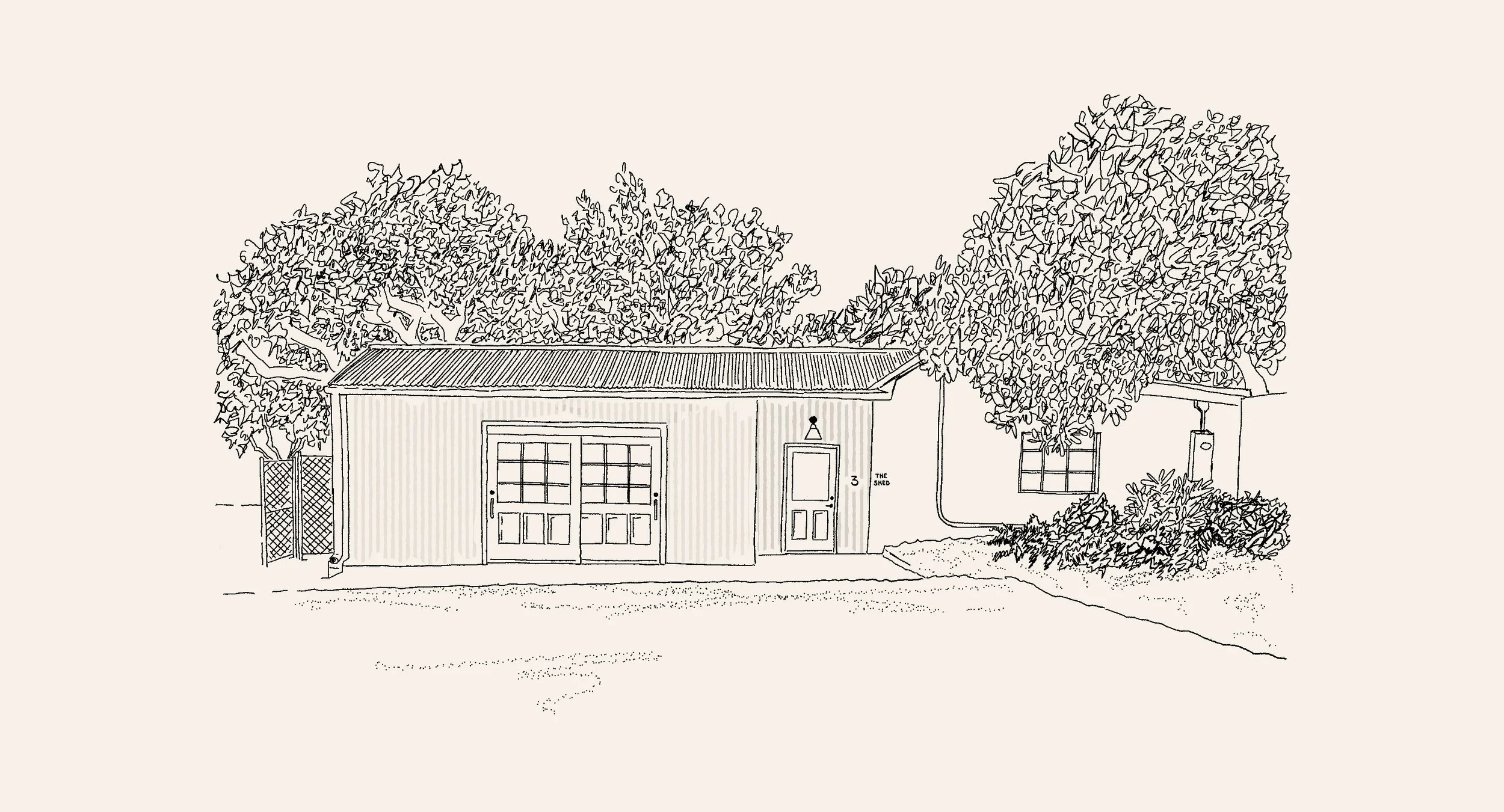 Line drawing of a small shed with a metal roof, double doors, and a side door labeled 'The Shed', surrounded by trees and bushes.