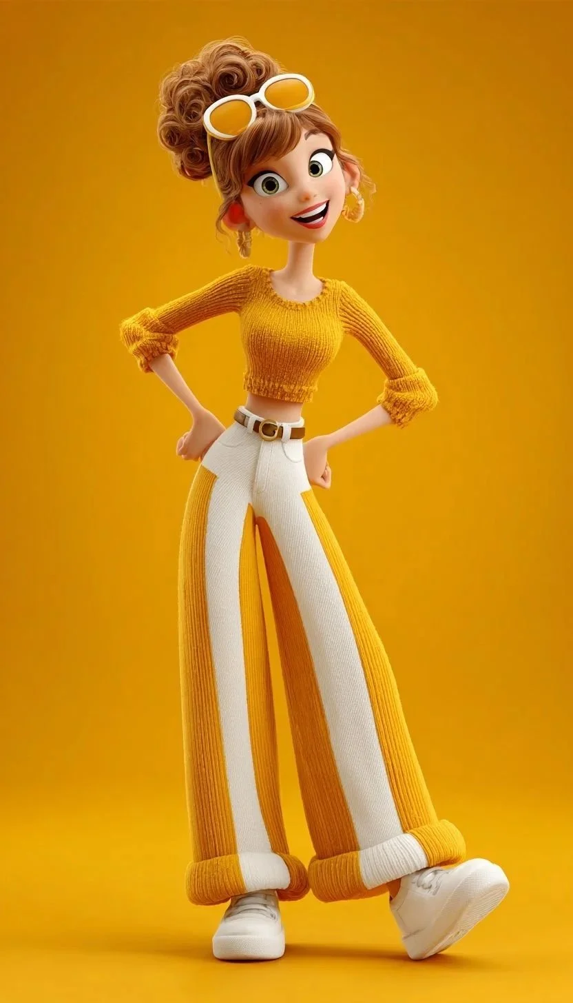 Animated woman with curly hair wearing yellow sunglasses, a yellow crop top sweater, white and yellow striped wide-leg pants, and white sneakers, standing with her hands on her hips against a yellow background.