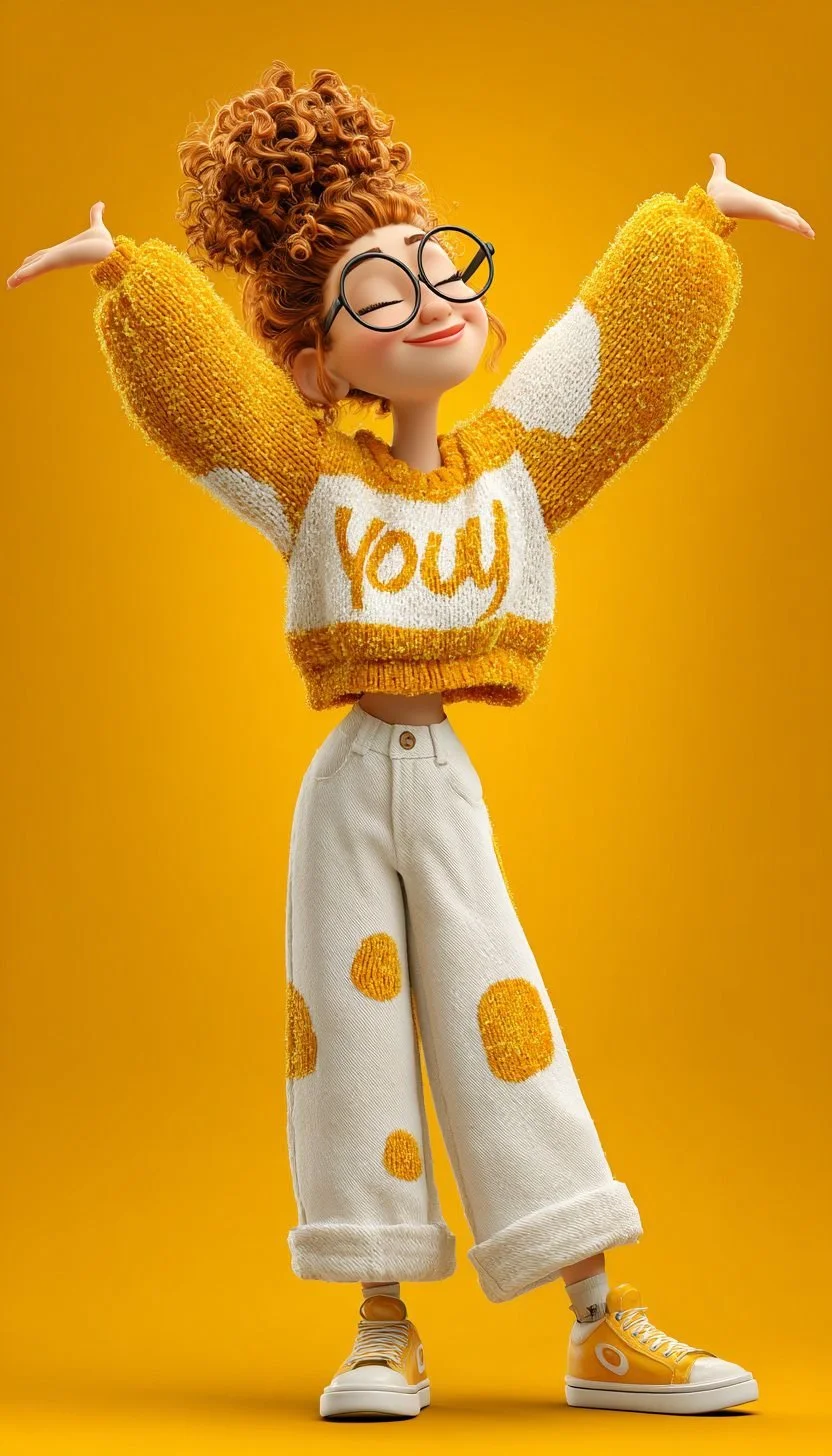 A cheerful animated girl with curly red hair, glasses, wearing a yellow and white sweater with the word 'you' on it, white pants with yellow patches, and yellow sneakers, standing with arms raised against a yellow background.