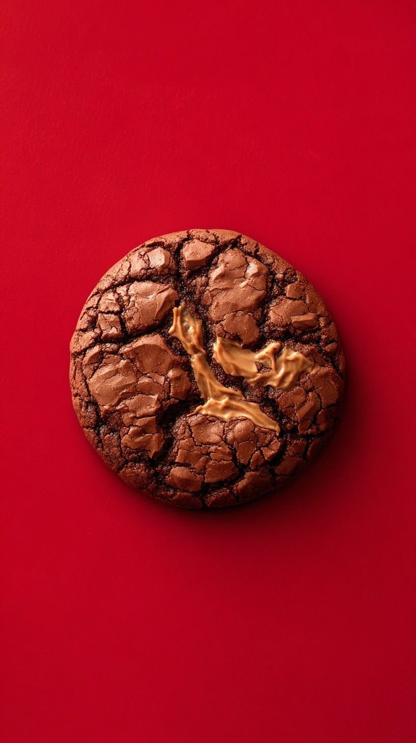 Chocolate cookie with cracked surface and caramel center on red background.