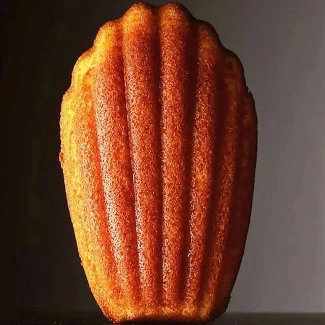 A close-up of a golden-brown Madeleine placed against a dark background.