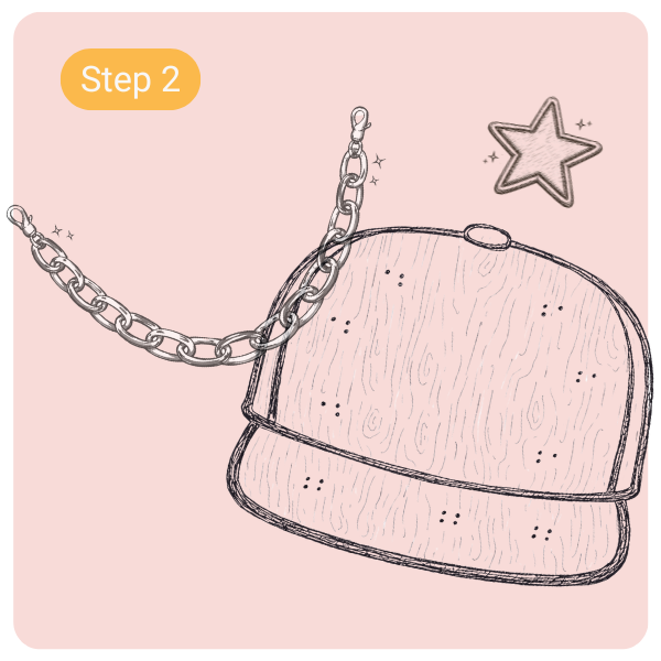 Illustration of a chain strap handbag with a star-shaped charm attached, labeled as step 2, on a pink background.