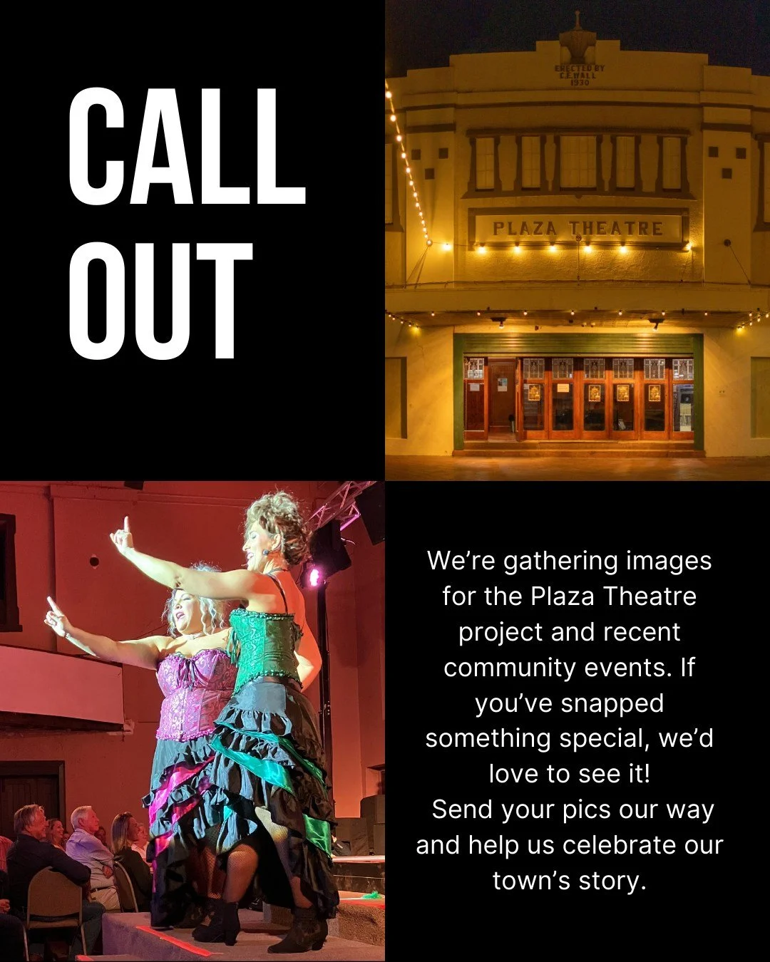CALL OUT //

If you have any photos from the years gone by of the Plaza Theatre please email them through to admin@outbackarts.com.au