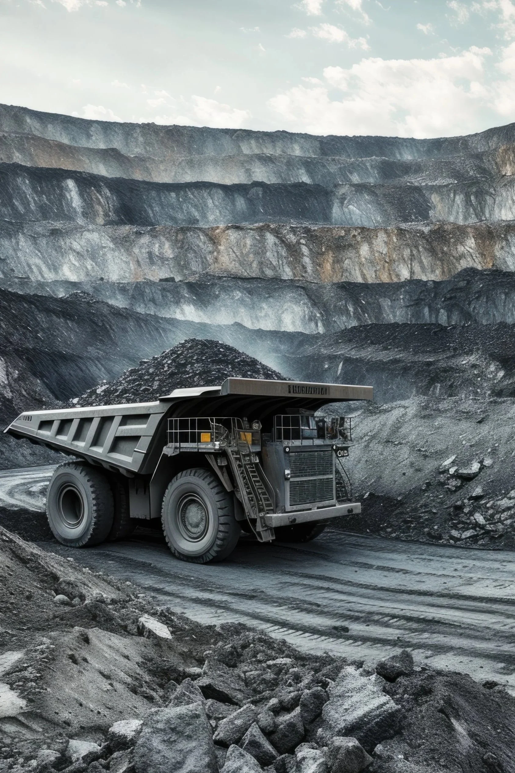 Camión de carga grande en una mina de carbón a cielo abierto con montañas y cielo nublado en el fondo.