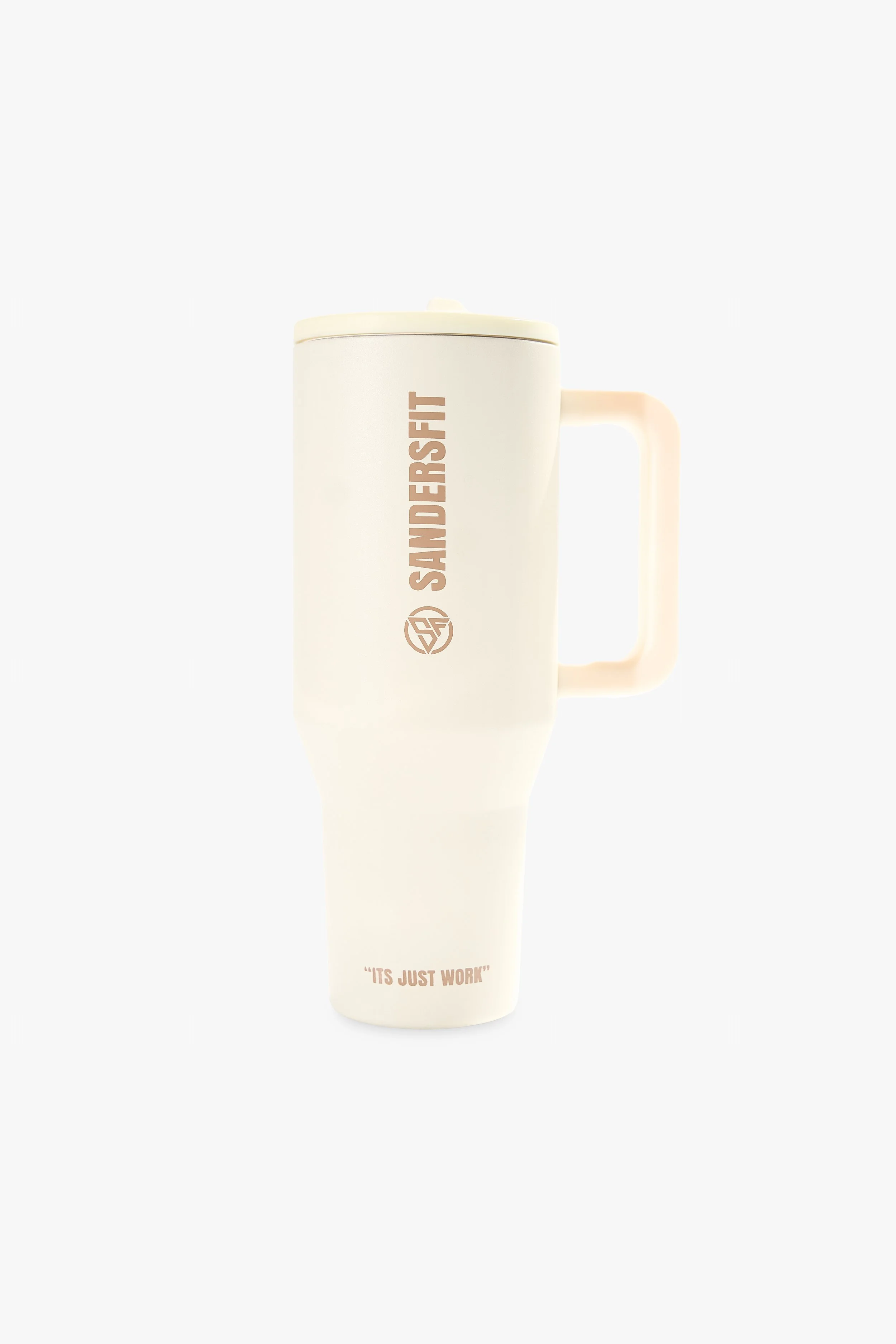 A beige travel mug with the word 'SANDERFIT' and a logo printed vertically, and the phrase 'IT'S JUST WORK' printed at the bottom.
