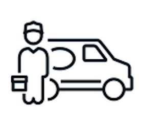 Simple line drawing of a person standing beside a van with a surfboard.