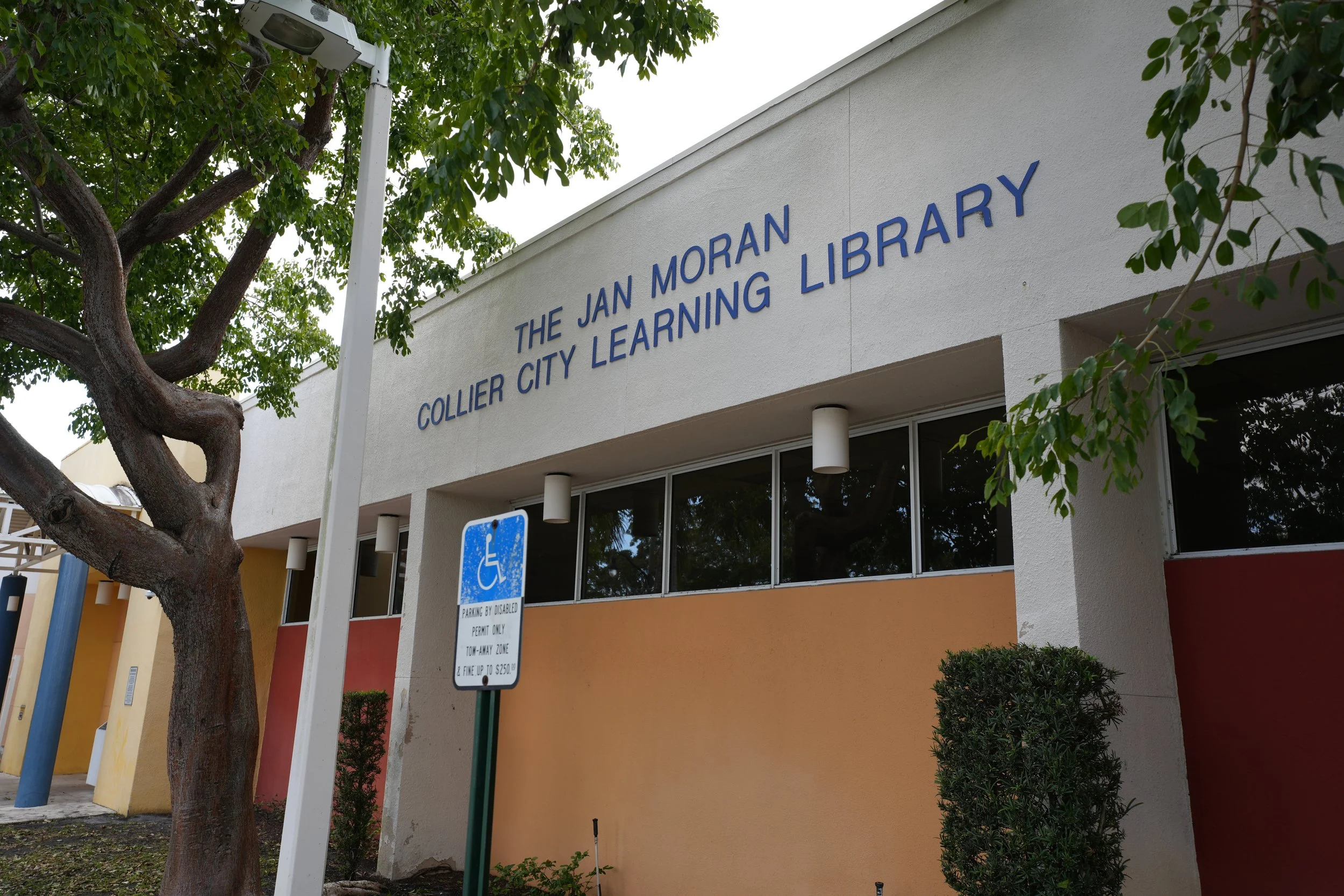 The exterior of the Jan Moran Collier City Learning Library building. There is a large tree with green leaves in the foreground, a white flagpole, and a sign indicating parking regulations.