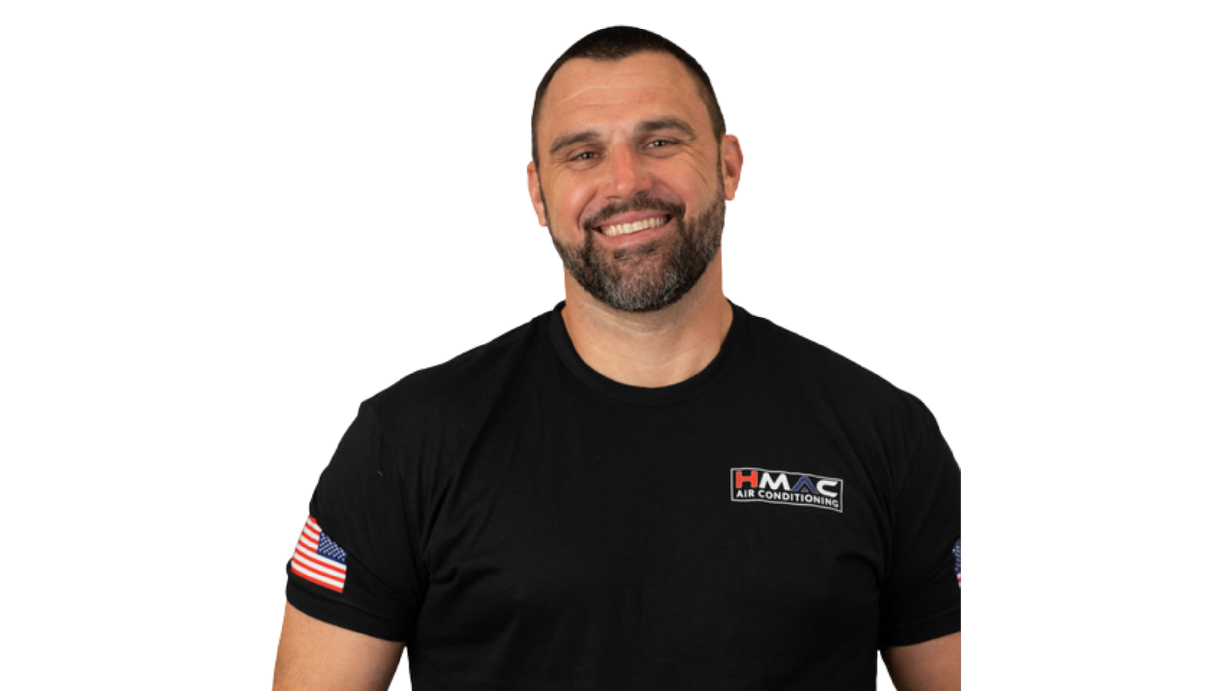 A smiling man with short dark hair and a beard, wearing a black T-shirt with a logo, standing against a background with colorful lines.