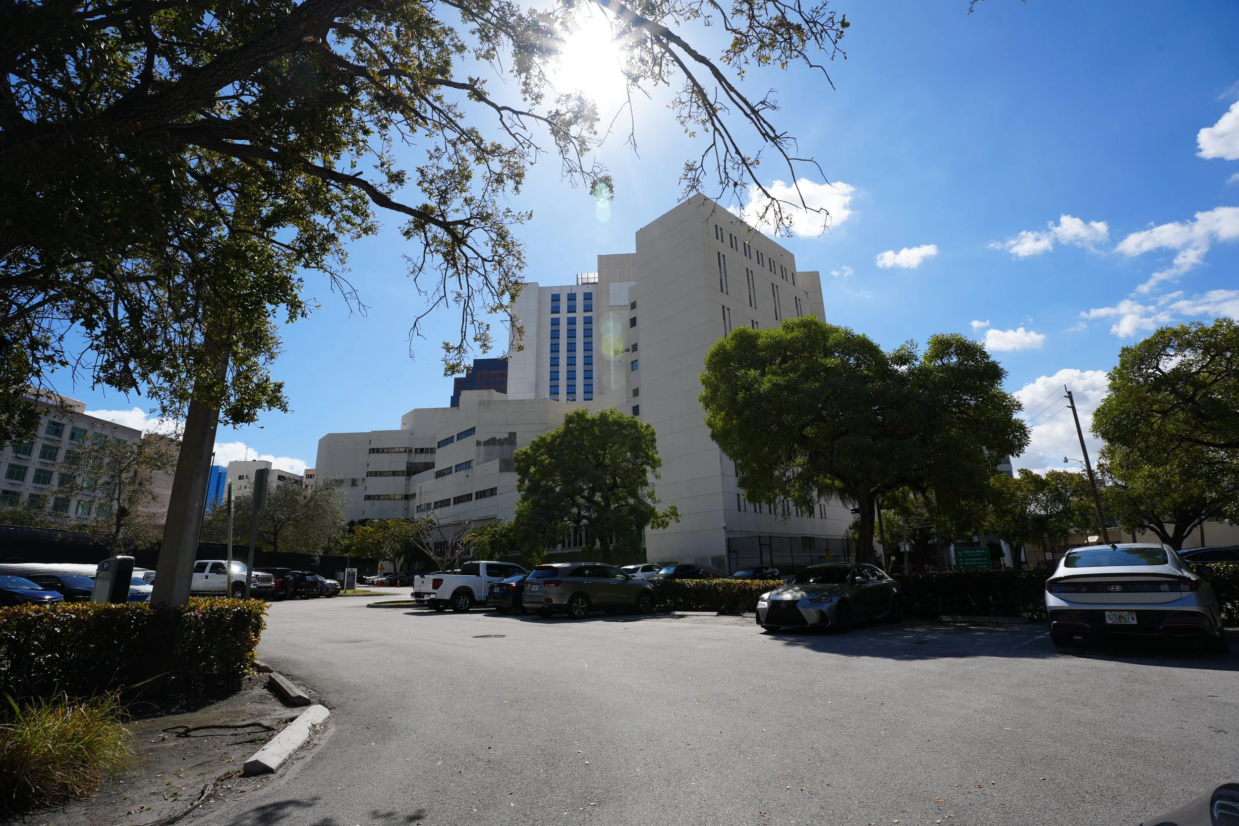 A parking lot next to a tall white building under a partly cloudy blue sky with the sun shining through tree branches.