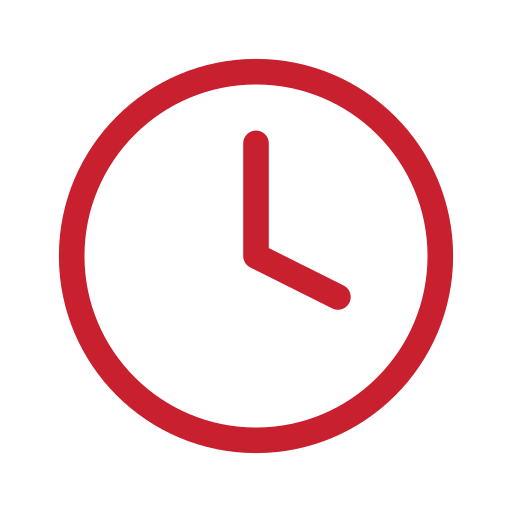 Red clock icon with black background and a red outline