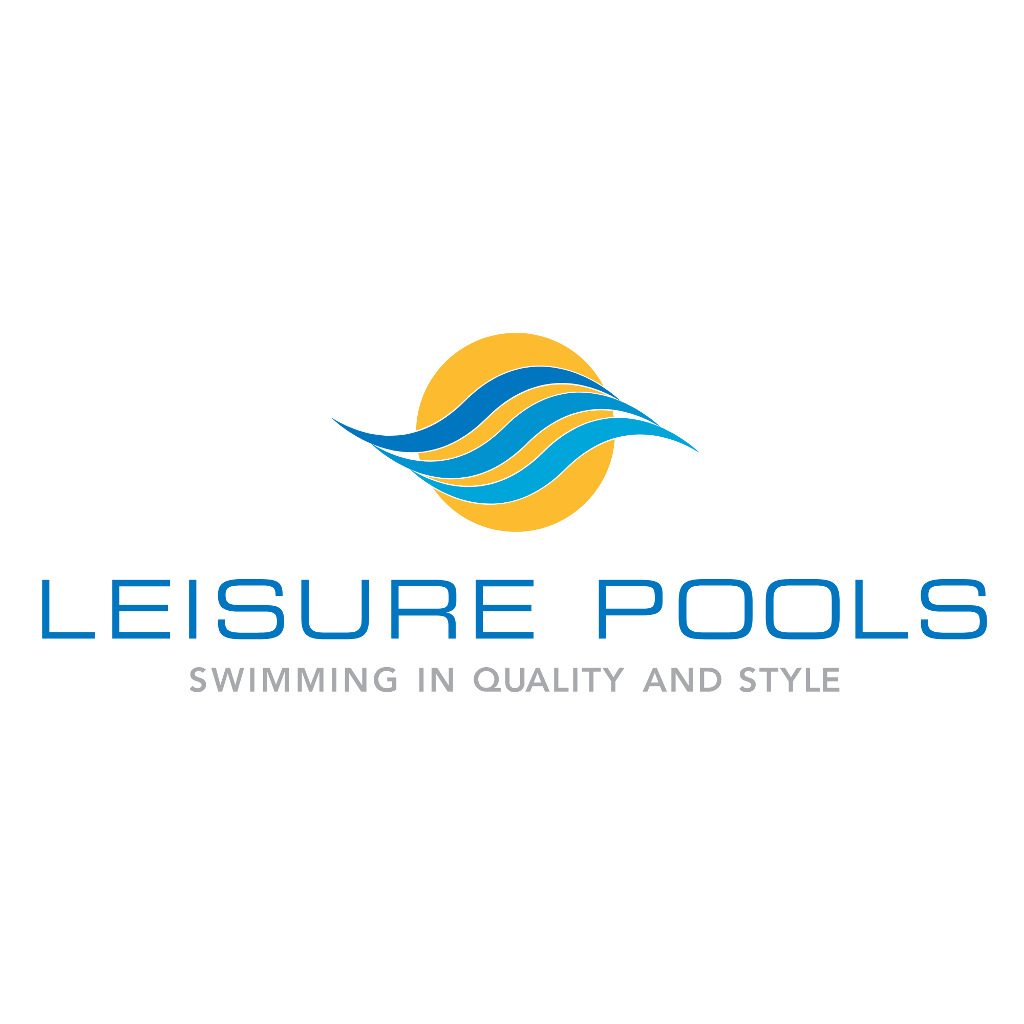 Logo for Leisure Pools, featuring a stylized sun and waves with the text 'SWIMMING IN QUALITY AND STYLE' underneath.